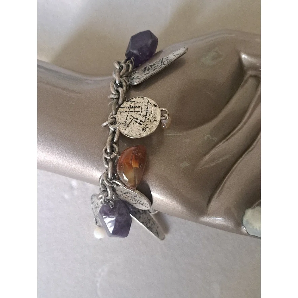 Boho Silver Tone Charm Bracelet Natural Stone Amethyst Carnelian Mixed Media